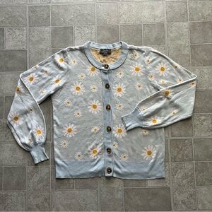 Y2K belldini blue yellow floral knit button up daisy sweater women’s large